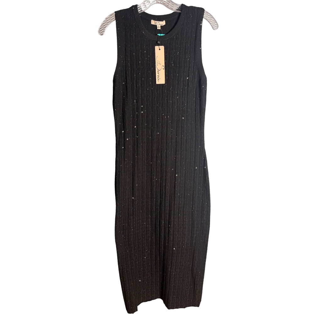 Les Serein Ribbed Sequin Midi Dress Womens Large Black Viscose Blend SN53213